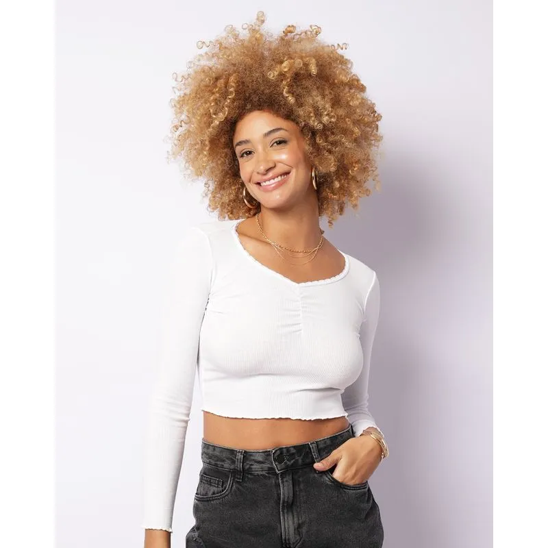 Blusa Feminina Cropped Canelada Com Franzido Frontal Branca GG