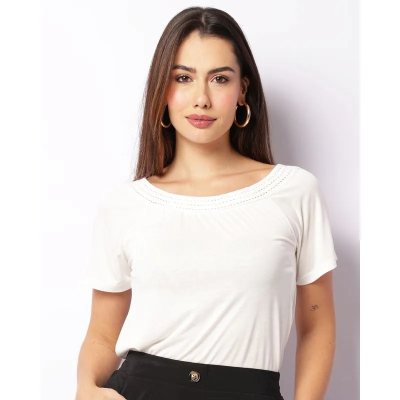 Blusa Feminina Manga Curta Viscose Detalhe Entremeio Off White GG