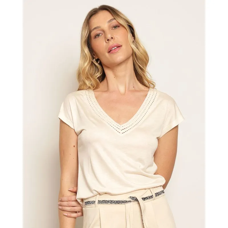 Blusa Feminina Manga Japonesa Gola V Bege P