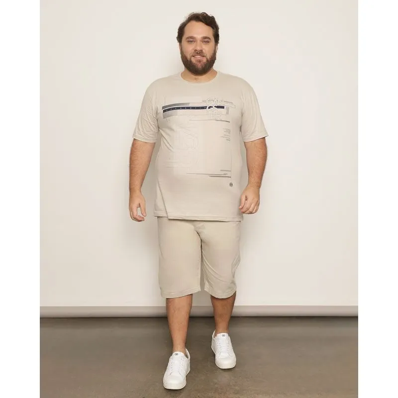Bermuda Plus Size Masculina Sarja Reta Com Bolsos Bege 50