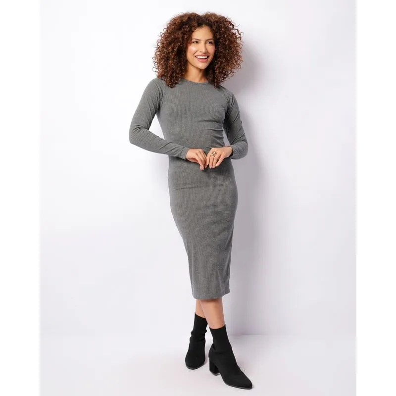 Vestido Feminino Canelado Midi Manga Longa Cinza M