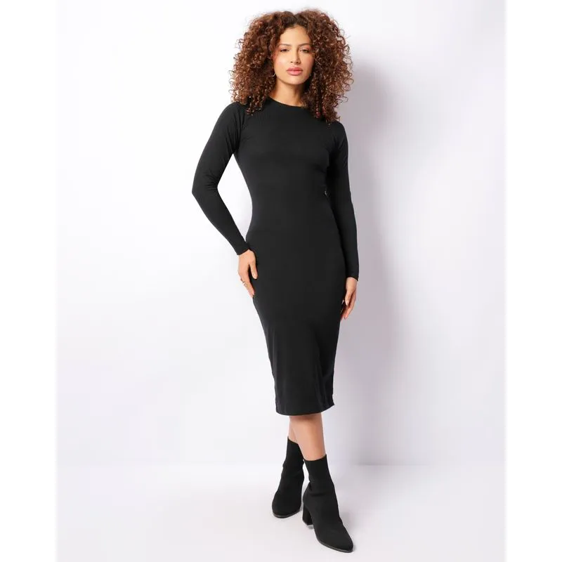 Vestido Feminino Canelado Midi Manga Longa Preto G