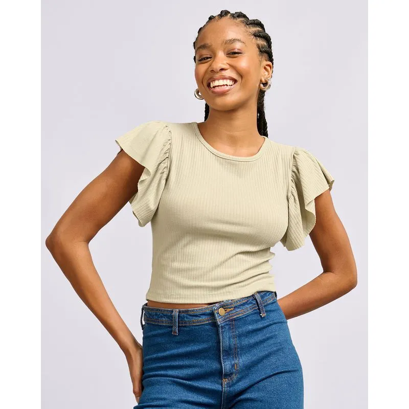 Blusa Feminina Manga Curta Com Babado Canelada Verde XG