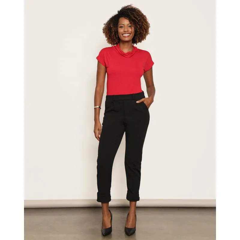 Calça Feminina Reta Crepe Barra Dobrada Com Bolsos Preta P