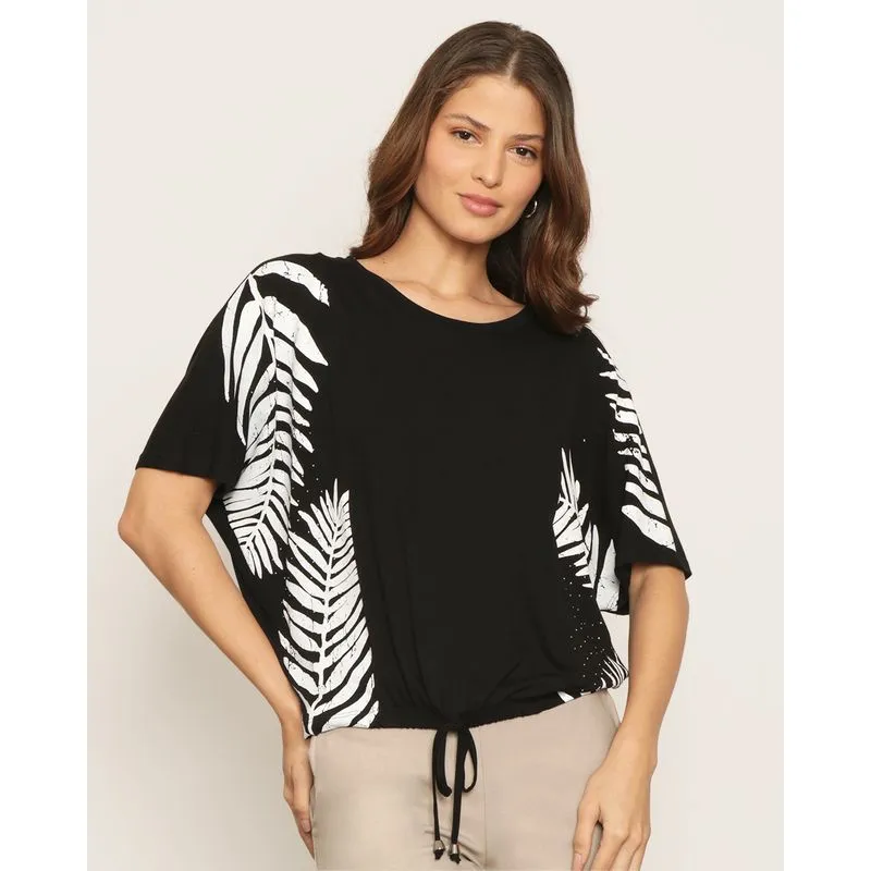 Blusa Feminina Manga Morcego Estampa Frontal Folhas Preta GG