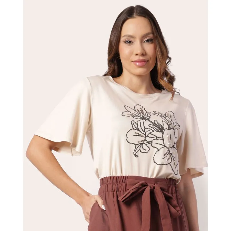 Blusa Feminina Viscose Estampa com Paetê Bege GG
