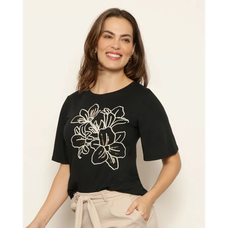 Blusa Feminina Manga Curta Estampa Floral Preta G