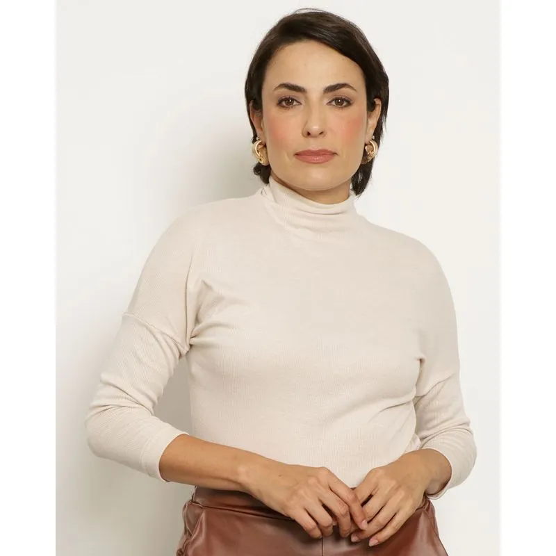 Blusa Feminina Manga 7/8 Gola Alta Canelada Bege GG