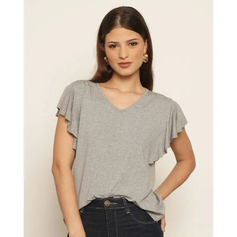 Blusa Feminina Manga Curta Com Babados Cinza G