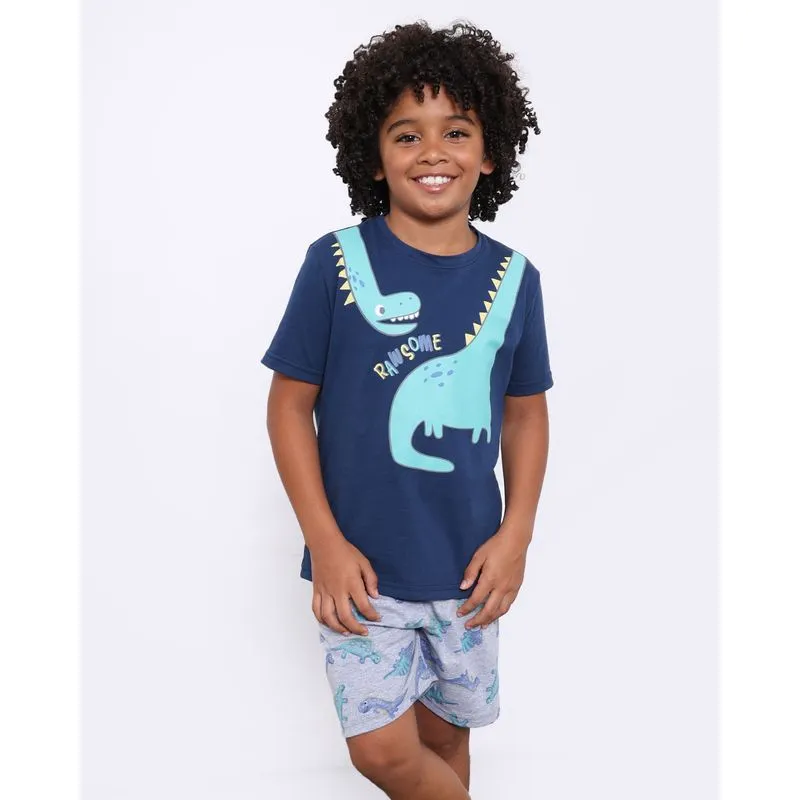 Pijama Infantil Estampa Dino Manga Curta Marinho 8