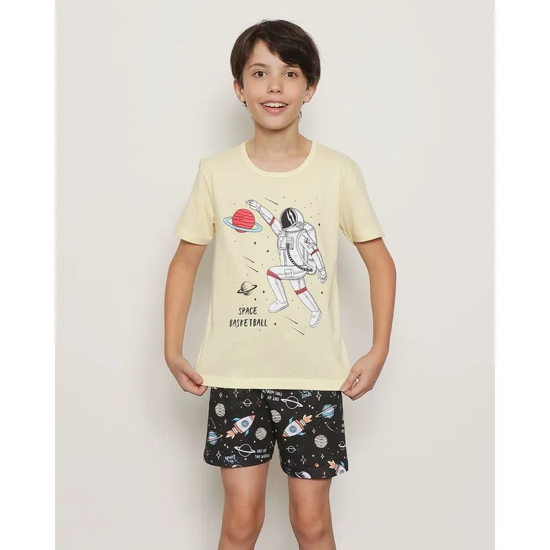 Pijama Juvenil Menino Manga Curta Estampa Astronauta Amarela 14