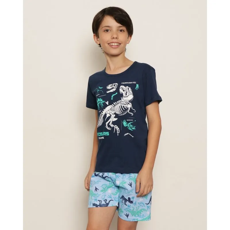 Pijama Juvenil Gola Redonda Manga curta Estampa Dinossaruro Marinho 12