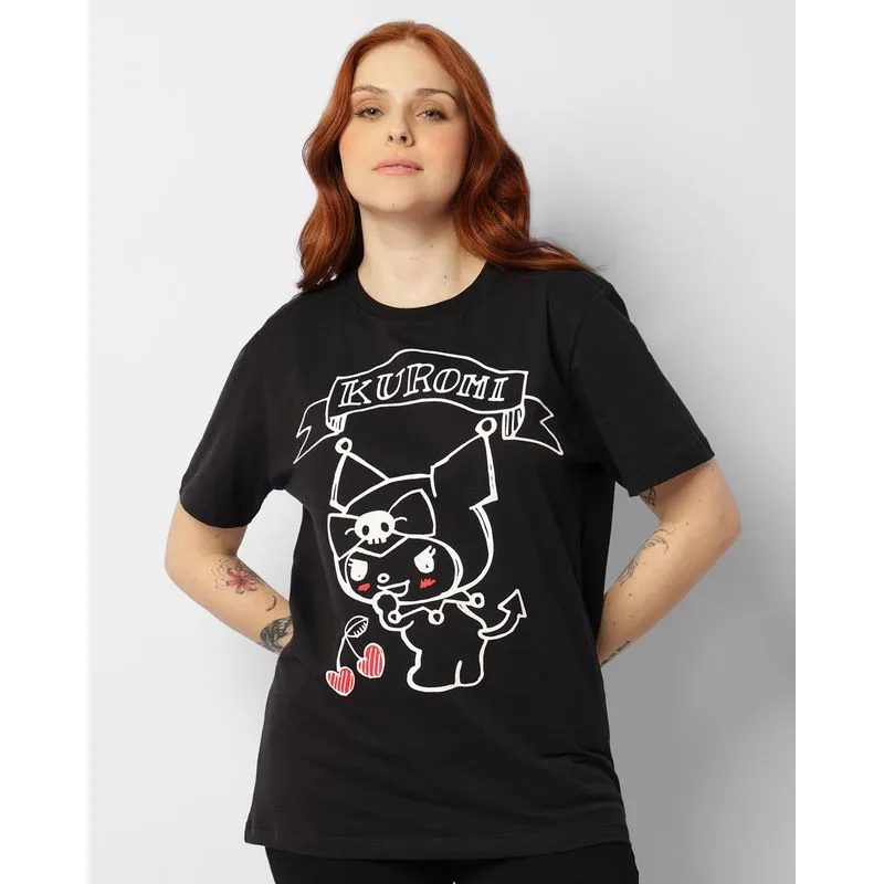 Camiseta Feminina Kuromi Frente E Verso Manga Curta Preta M