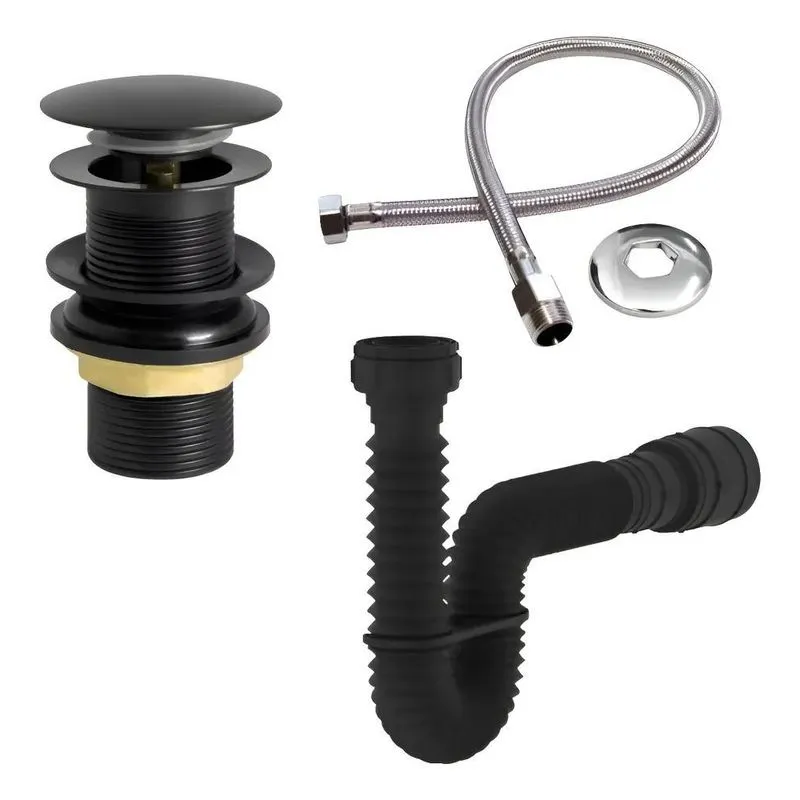 Kit Banheiro Sifão + Valvula Click + Engate 40cm Preto Black