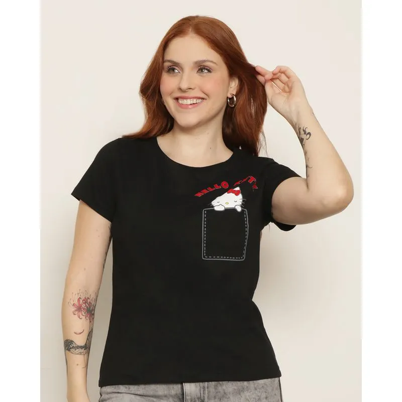 Camiseta Feminina Estampa Hello Kitty Manga Curta Preto G