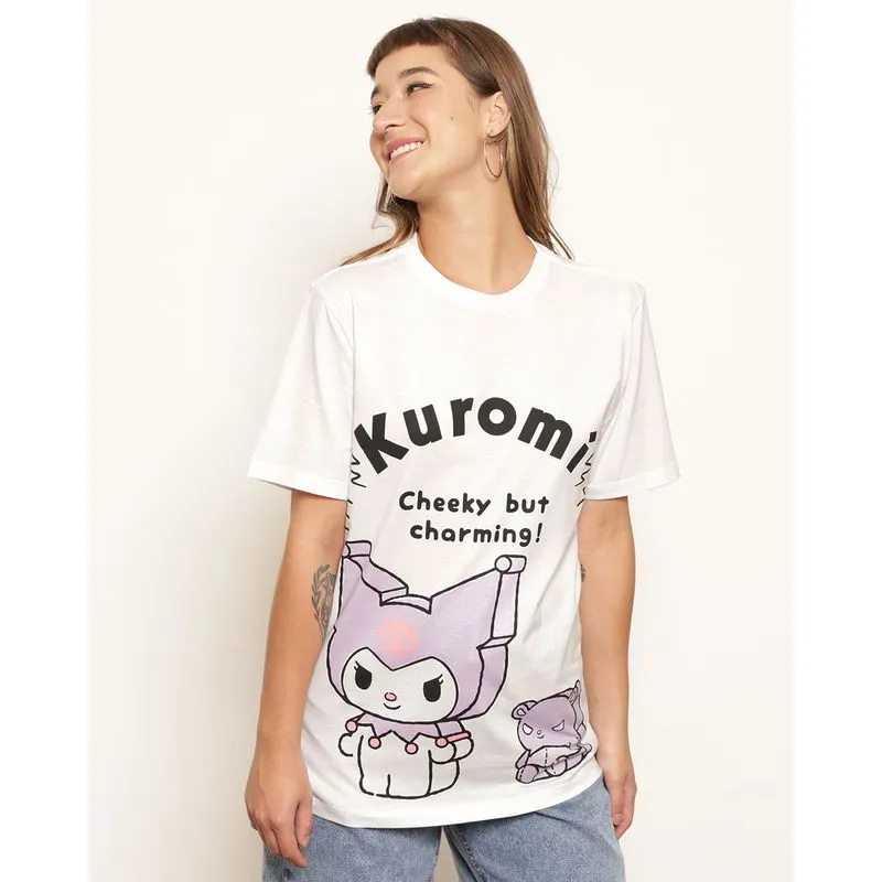 Camiseta Feminina Kuromi Estampa Frente E Costa Manga Curta Branca P