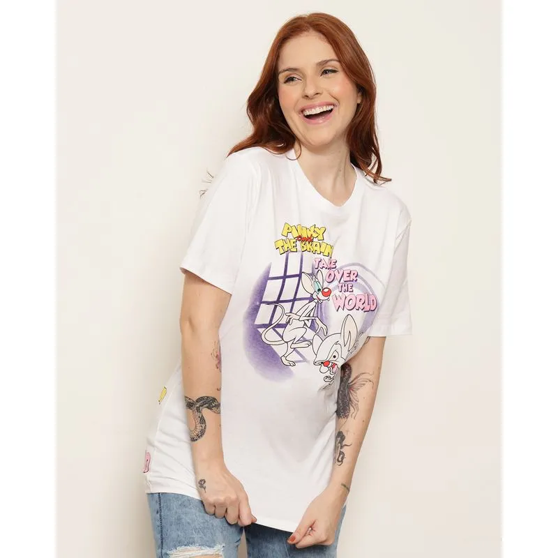 Camiseta Feminina Cartoon Pink E Cérebro Manga Curta Branca M