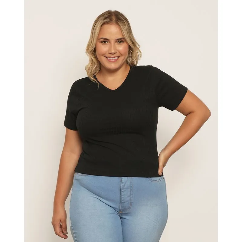 Blusa Plus Size Feminina Manga Curta Canelada Preta G3