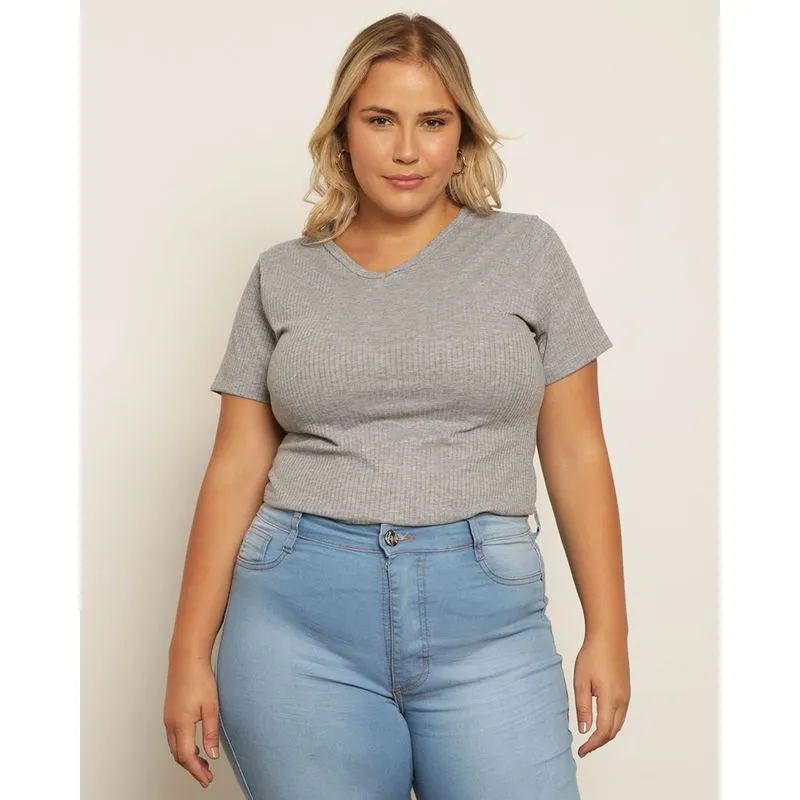 Blusa Plus Size Feminina Manga Curta Canelada Cinza G1