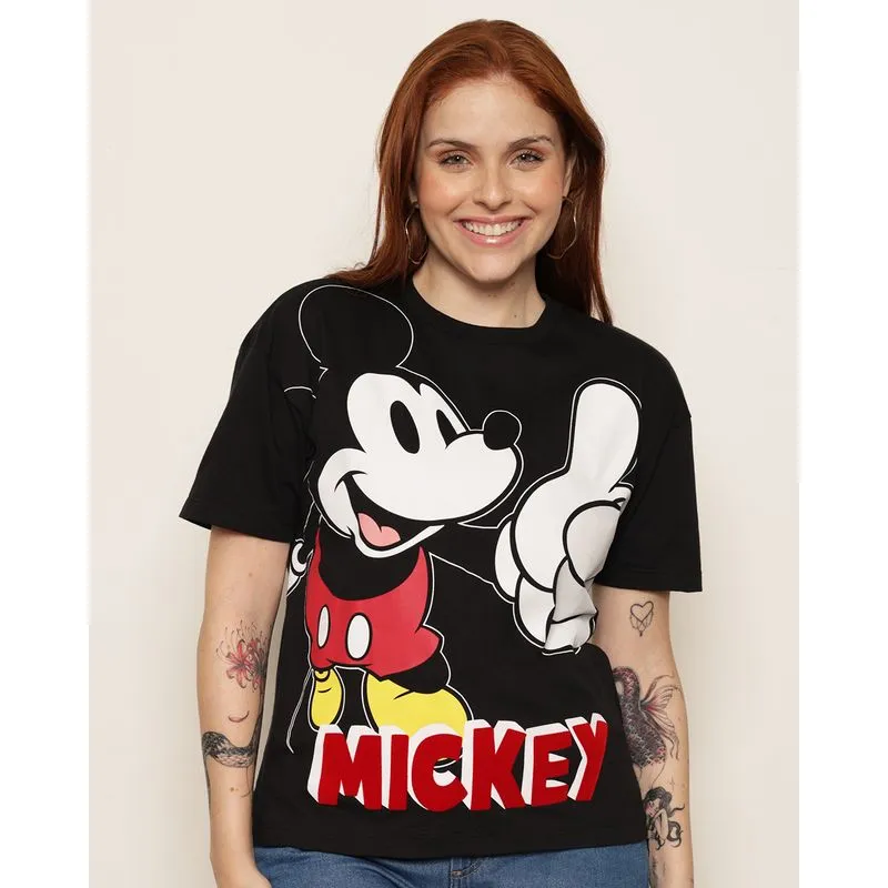 Camiseta Feminina Disney Mickey Manga Curta Preta P