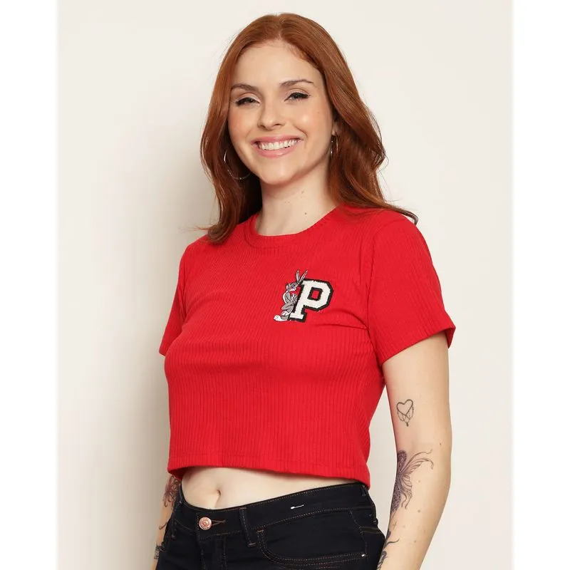 Camiseta Cropped Feminina Waner Pernalonga Canelada Vermelha P