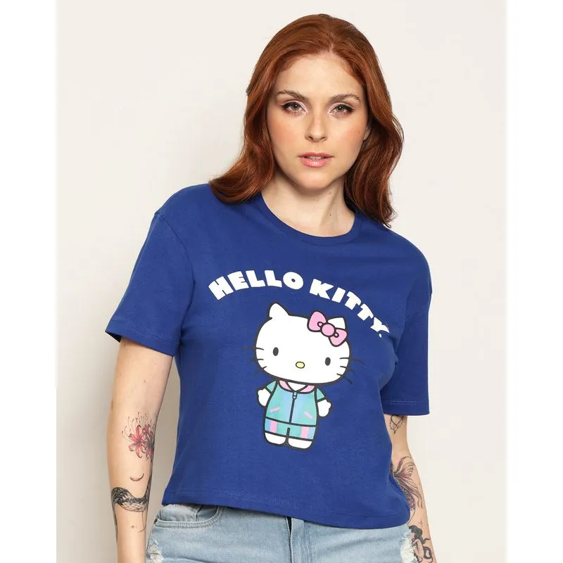 Camiseta Feminina Hello Kitty Manga Curta Azul G