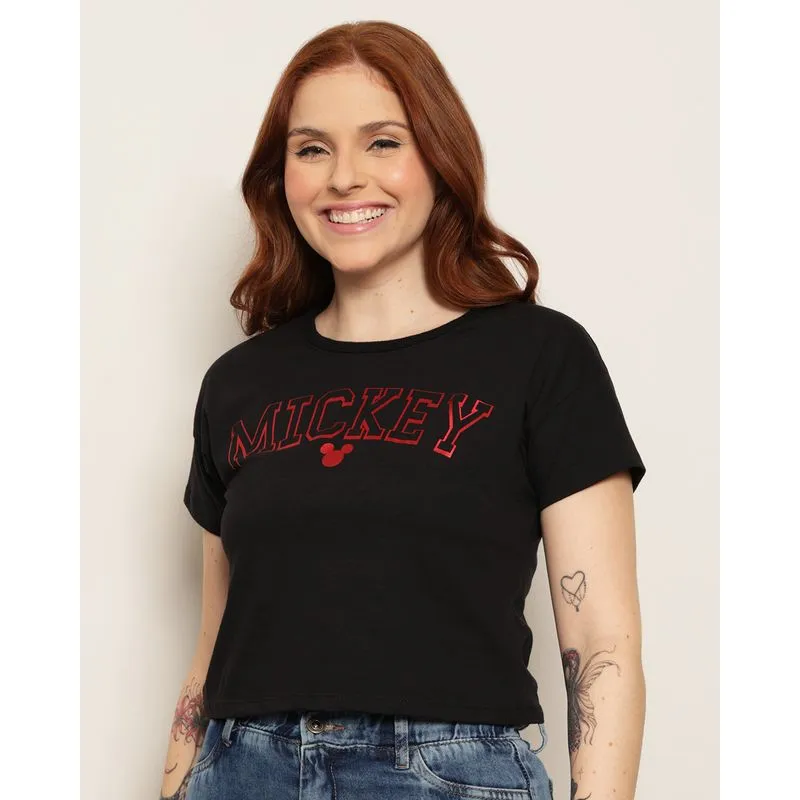 Camiseta Feminina Cropped Disney Mickey Manga Curta Preta G