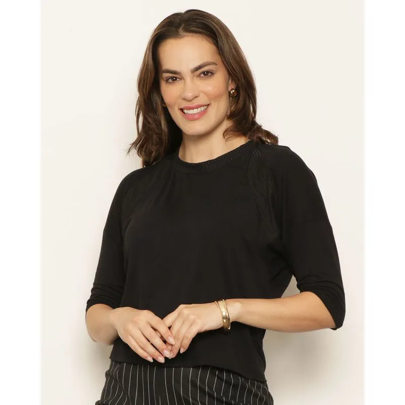 Blusa Feminina Manga 3/4 Com Recorte Preta P