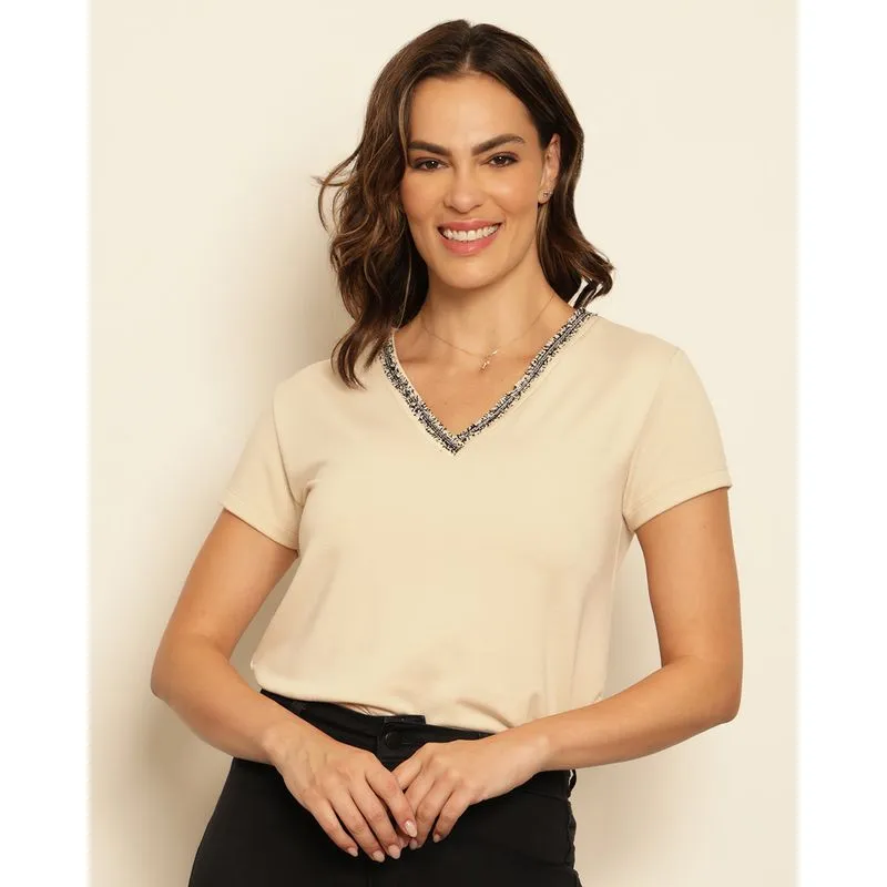 Blusa Feminina Manga Curta Moletinho Decote V Bege G