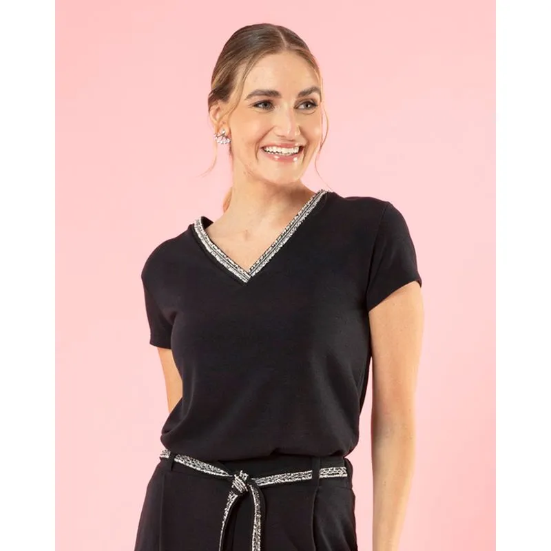 Blusa Feminina Manga Curta Moletinho Decote V Preta P