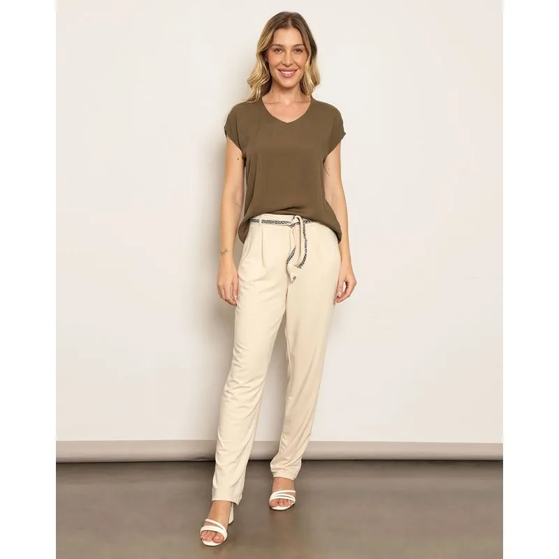 Calça Feminina Reta Com Cinto Decorativo Bege M