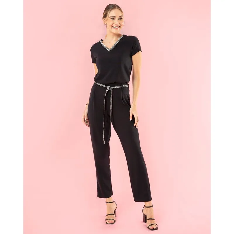 Calça Feminina Reta Com Cordão Decorativo Preta G