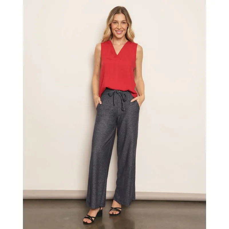 Calça Feminina Moletinho Pantalona Com Faixa Marinho GG