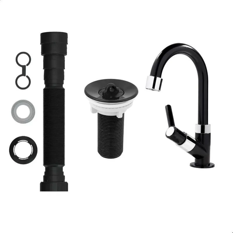 10x Kit Torneira Para Lavatório + Válvula + Sifão - Preto/b