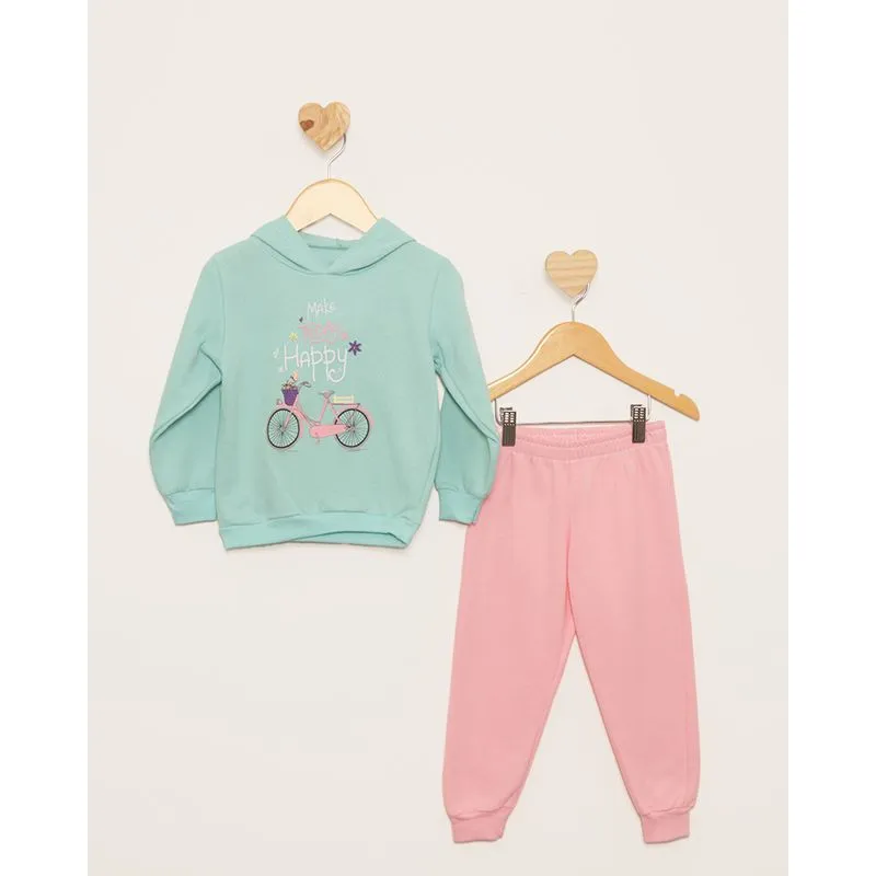 Conjunto Moletom Bebê Longo Com Capuz Estampa Frontal Verde 1