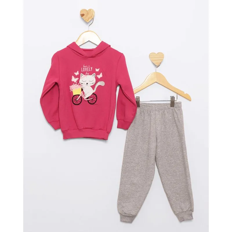 Conjunto Moletom Bebê Longo Estampa Frontal Gatinho Rosa 3