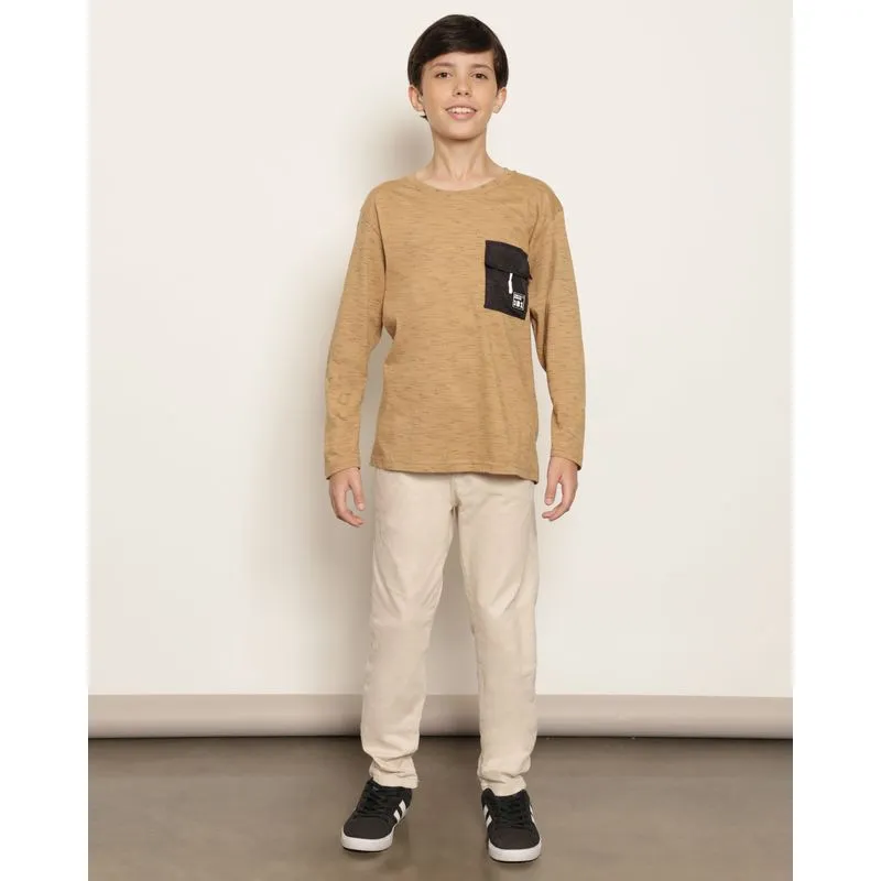 Calça Juvenil Sarja Slim Bolsos Com Cordão Bege 14