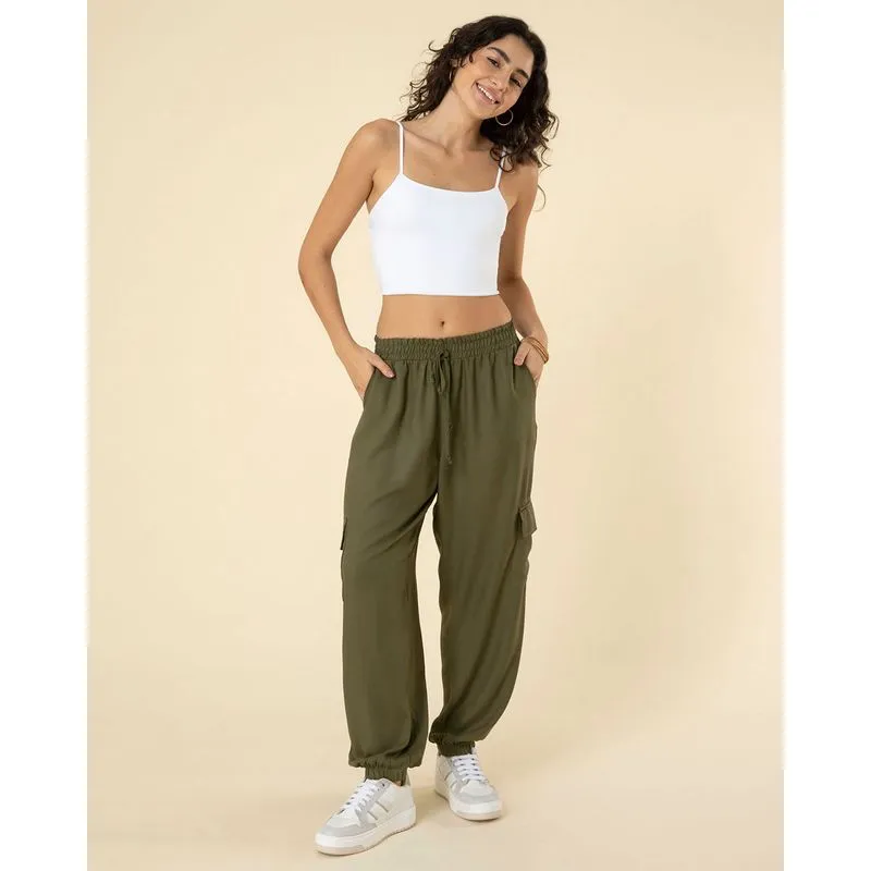 Calça Feminina Jogger Viscose Bolso Cargo Verde M
