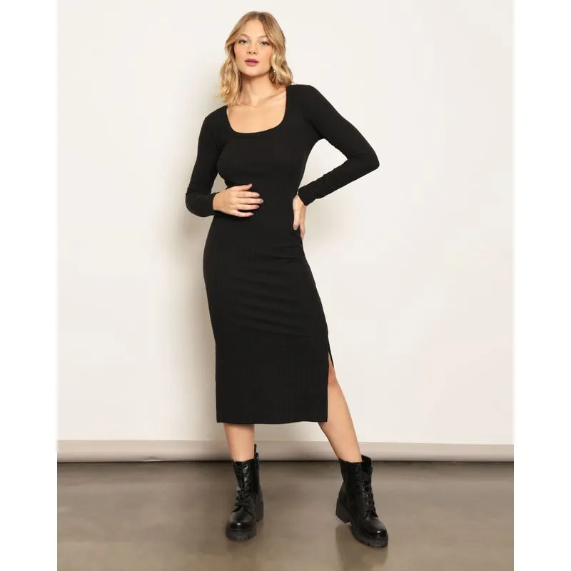 Vestido Feminino Midi Manga Longa Canelado Preto M