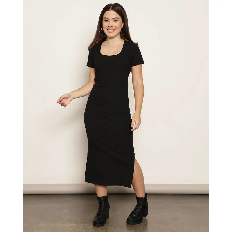 Vestido Feminino Midi Canelado Com Fendas Preto G