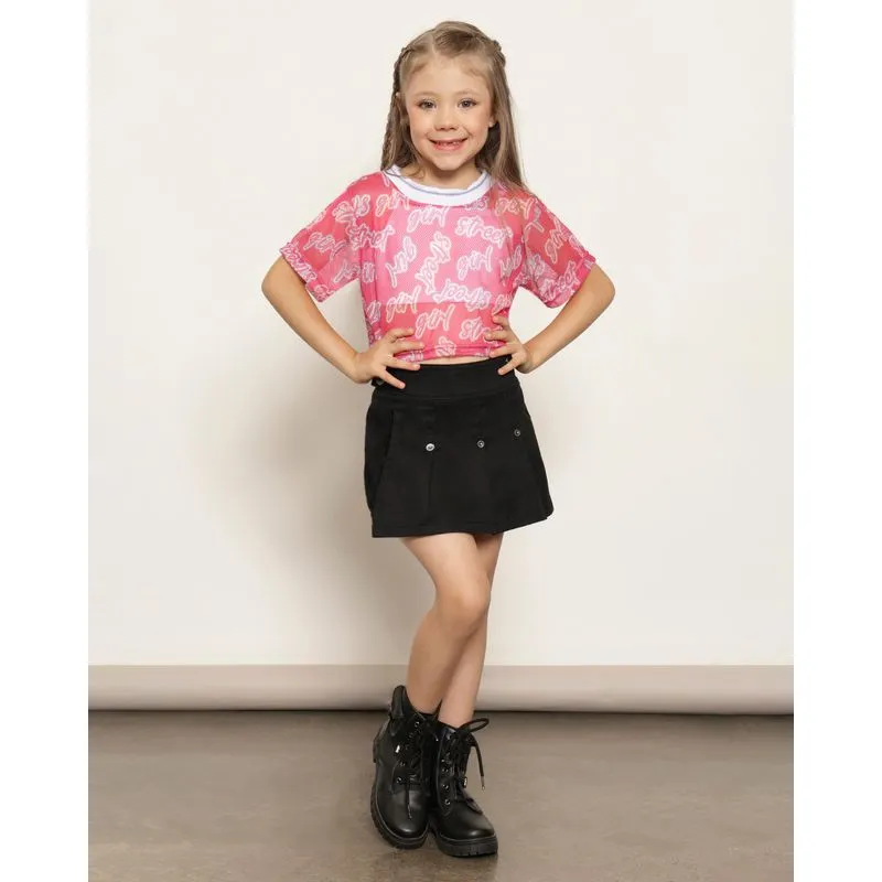 Short Saia Infantil Sarja Curto Com Pregas Preto 6