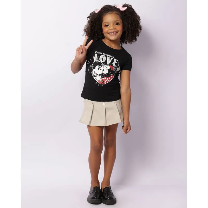 Short Saia Infantil Curto Sarja Com Pregas Bege 4