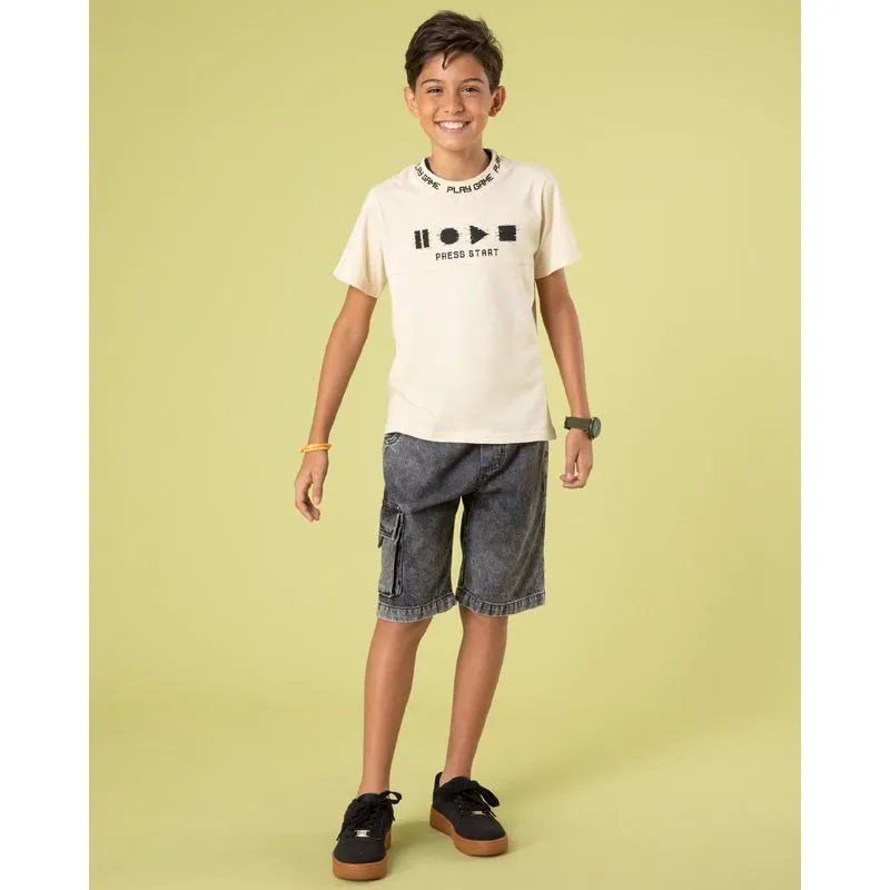 Bermuda Jeans Juvenil Reta Bolso Cargo Preta 16