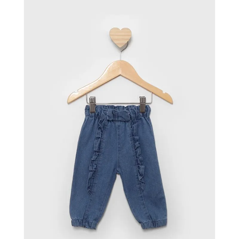 Calça Jeans Bebê Jogger Com Babado Azul M