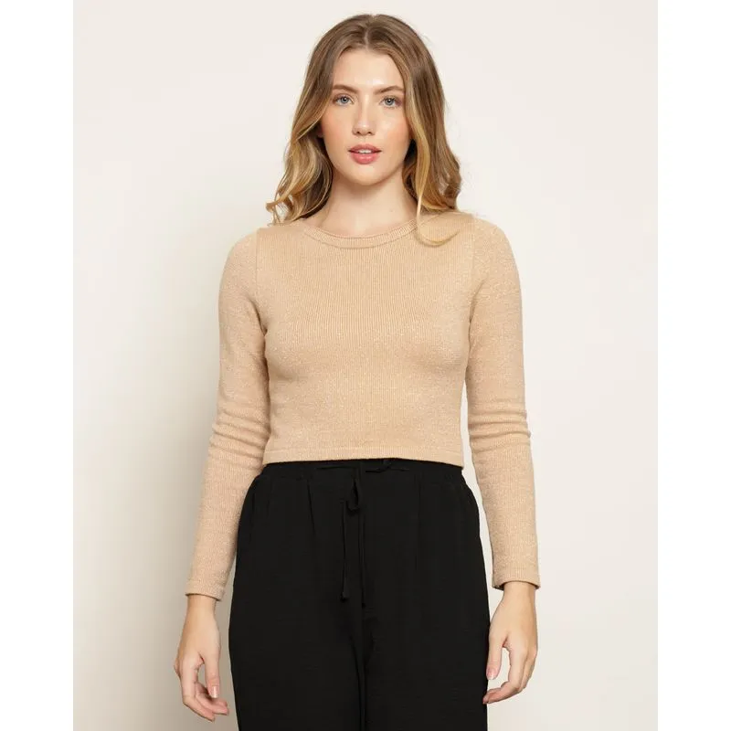 Blusa Feminina Tricô Cropped Lurex Bege P