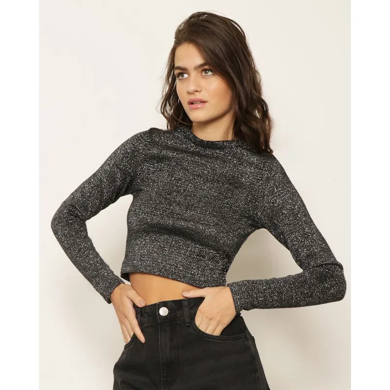 Blusa Feminina Tricô Cropped Lurex Preta P