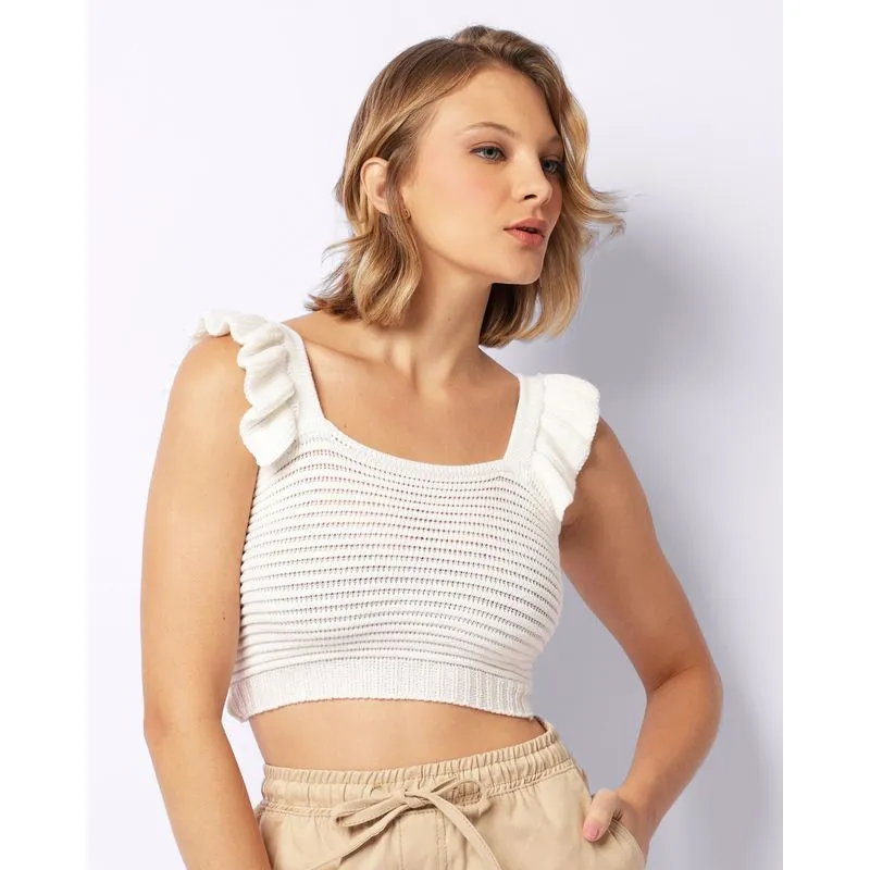 Blusa Feminina Alcinha Cropped Tricô Babado Off White M