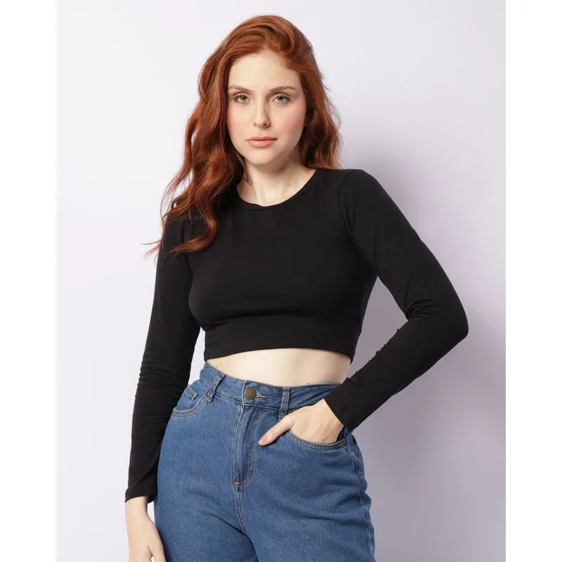 Blusa Feminina Cropped Manga Longa Preta M