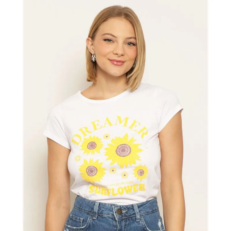 Blusa Feminina Estampa Girassol Manga Curta Branca P