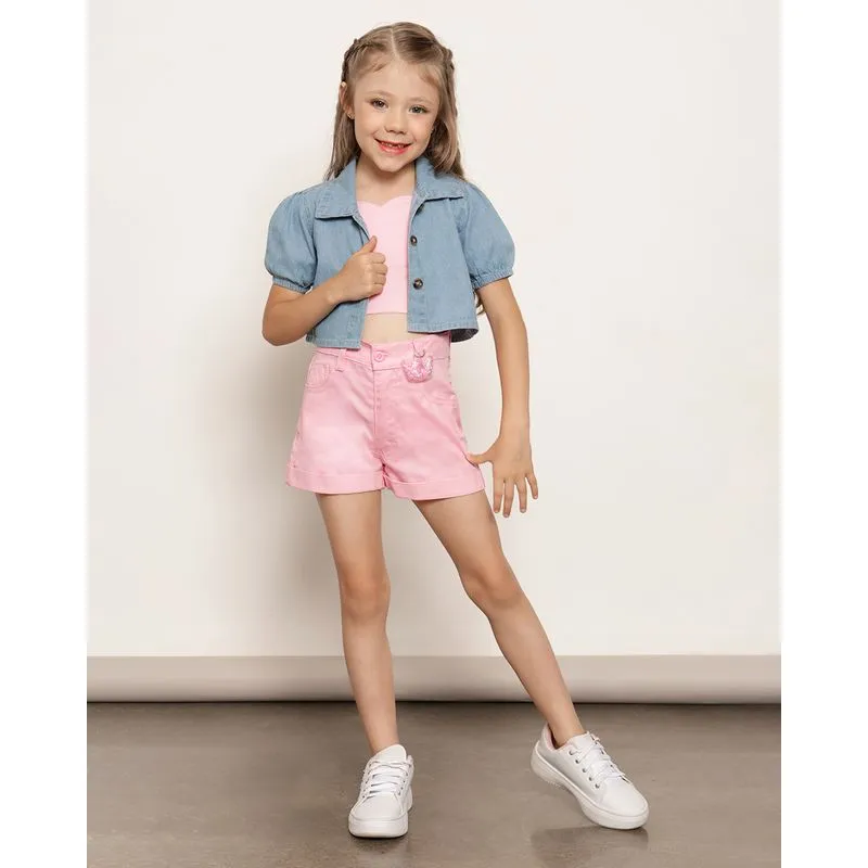 Short Infantil Sarja Curto Com Pingente Rosa 8